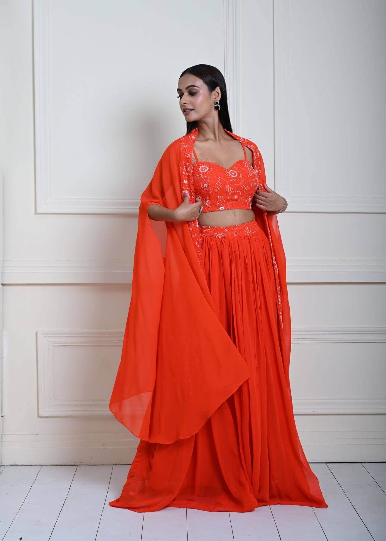 Bright Orange Cape Lehenga Set with Embroidered Cut dana Work - Anvi Couture