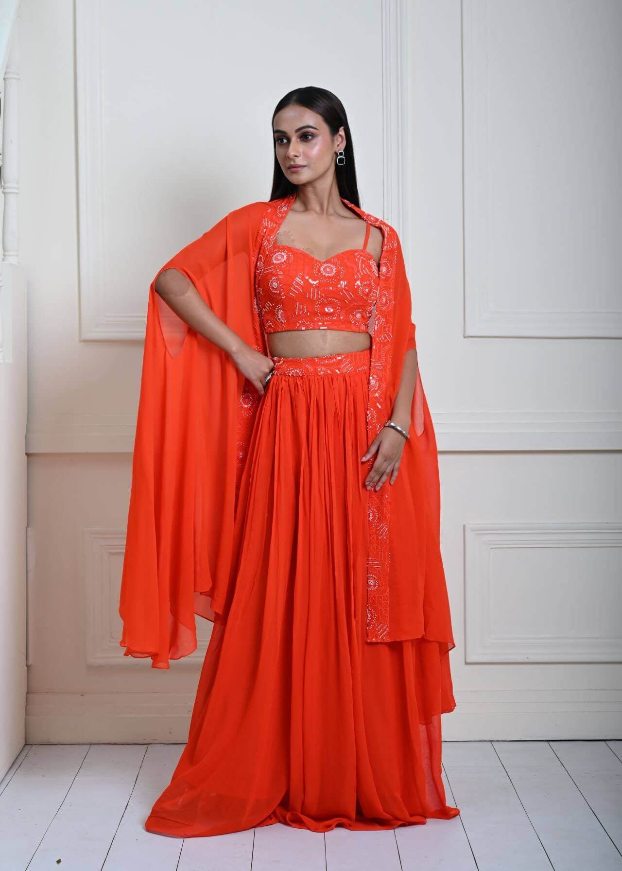 Bright Orange Cape Lehenga Set with Embroidered Cut dana Work - Anvi Couture