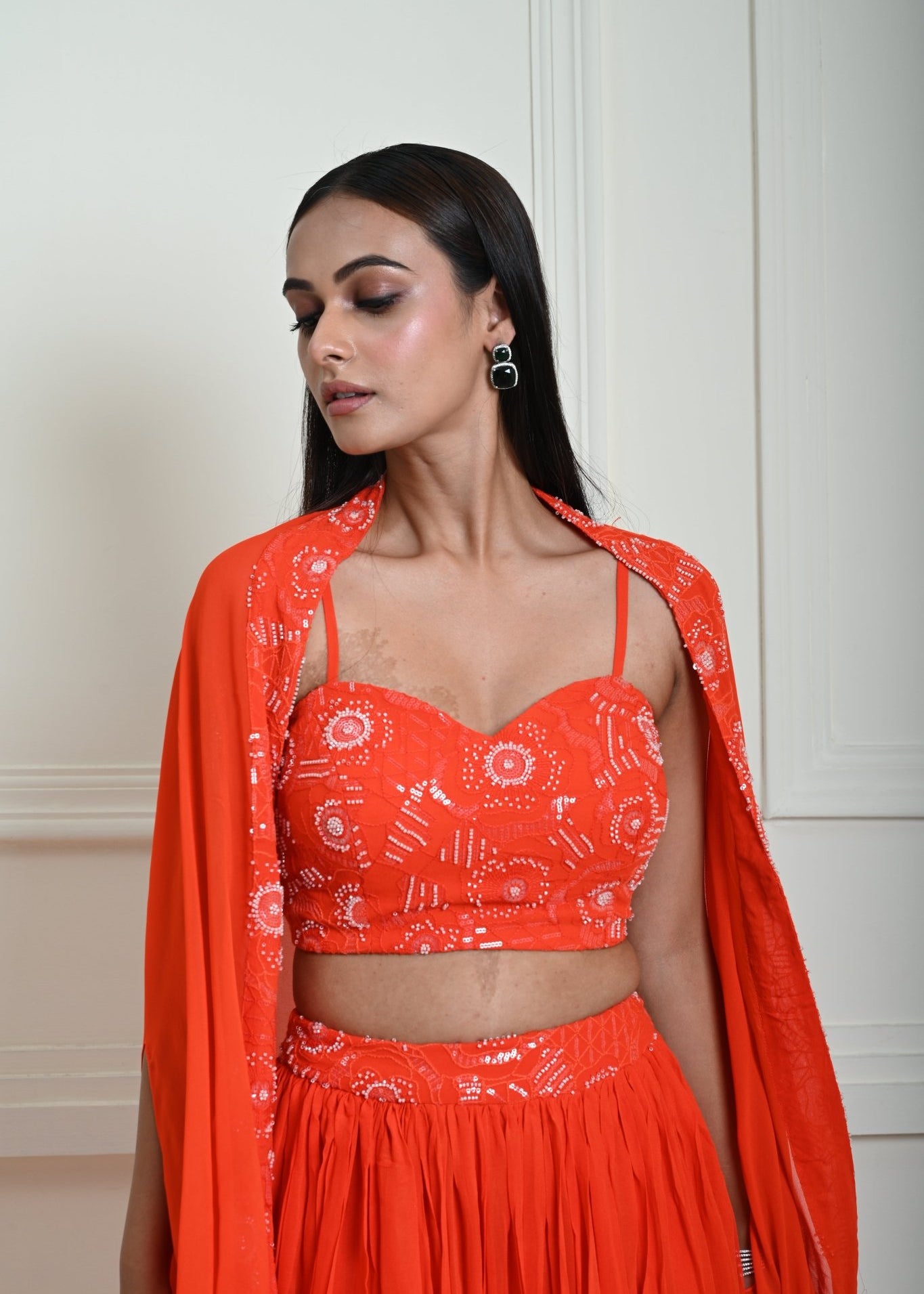 Bright Orange Cape Lehenga Set with Embroidered Cut dana Work - Anvi Couture