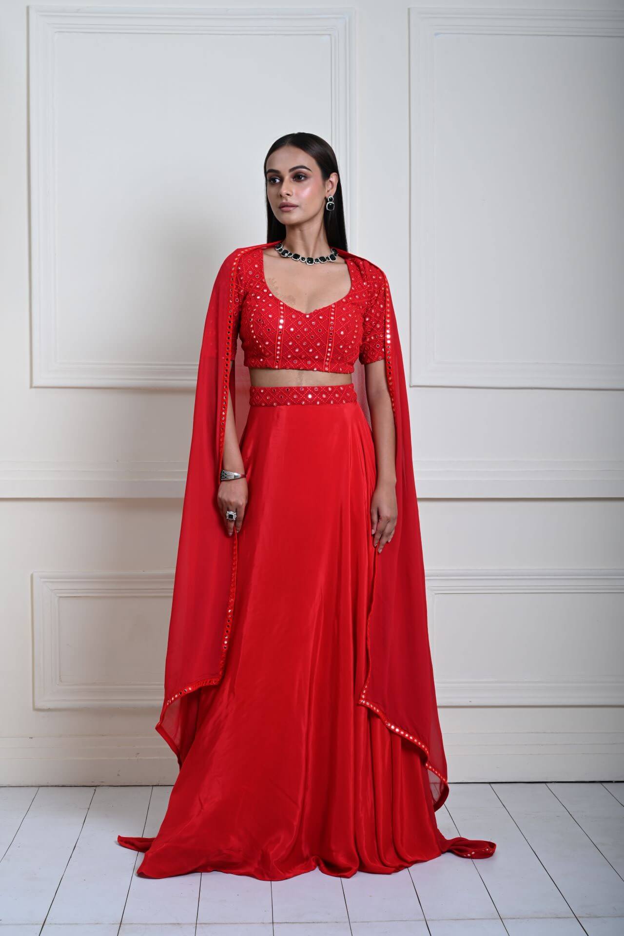 Red Satin Silk Bridal Lehenga Set with Mirror work 