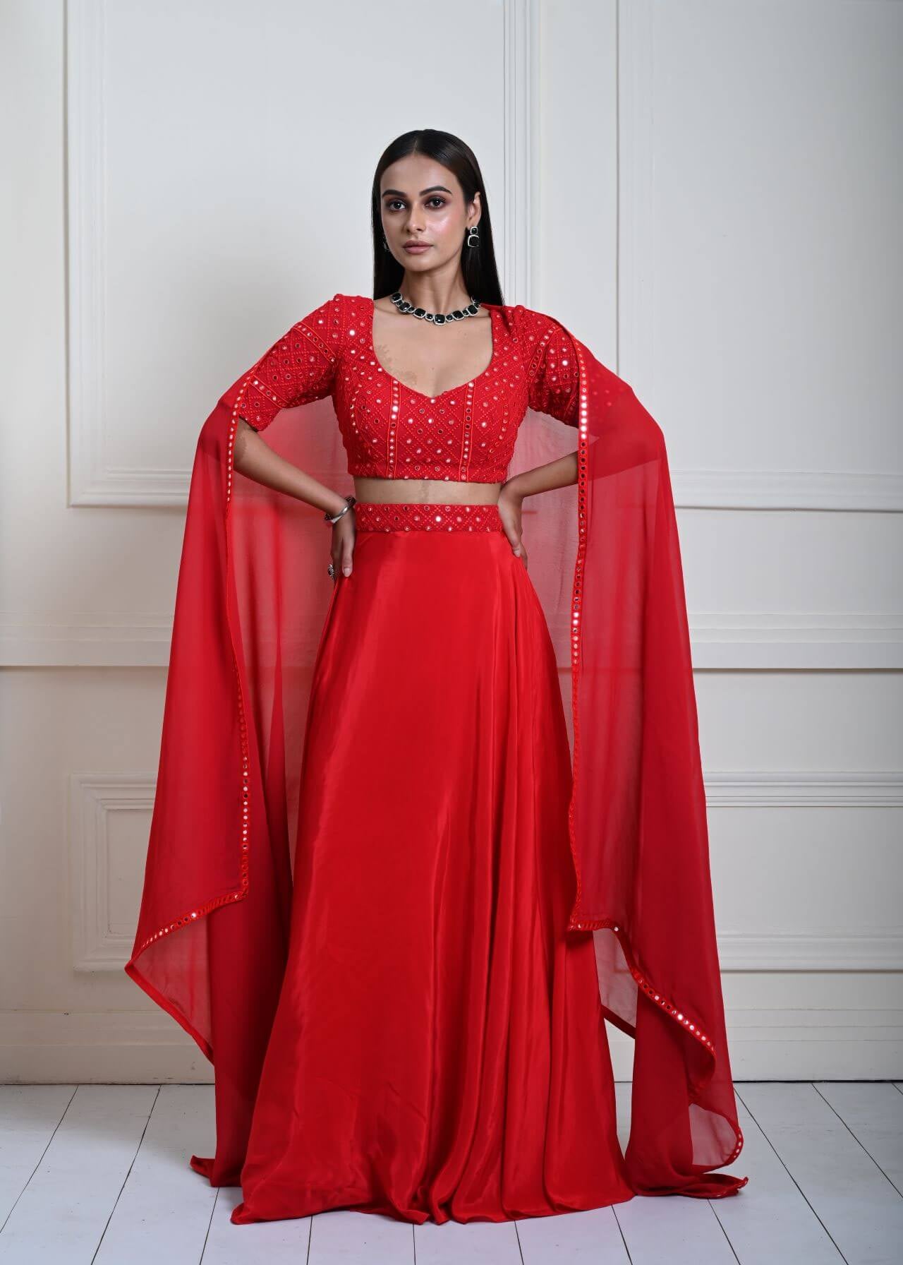 Red Satin Silk Bridal Lehenga Set with Mirror work 