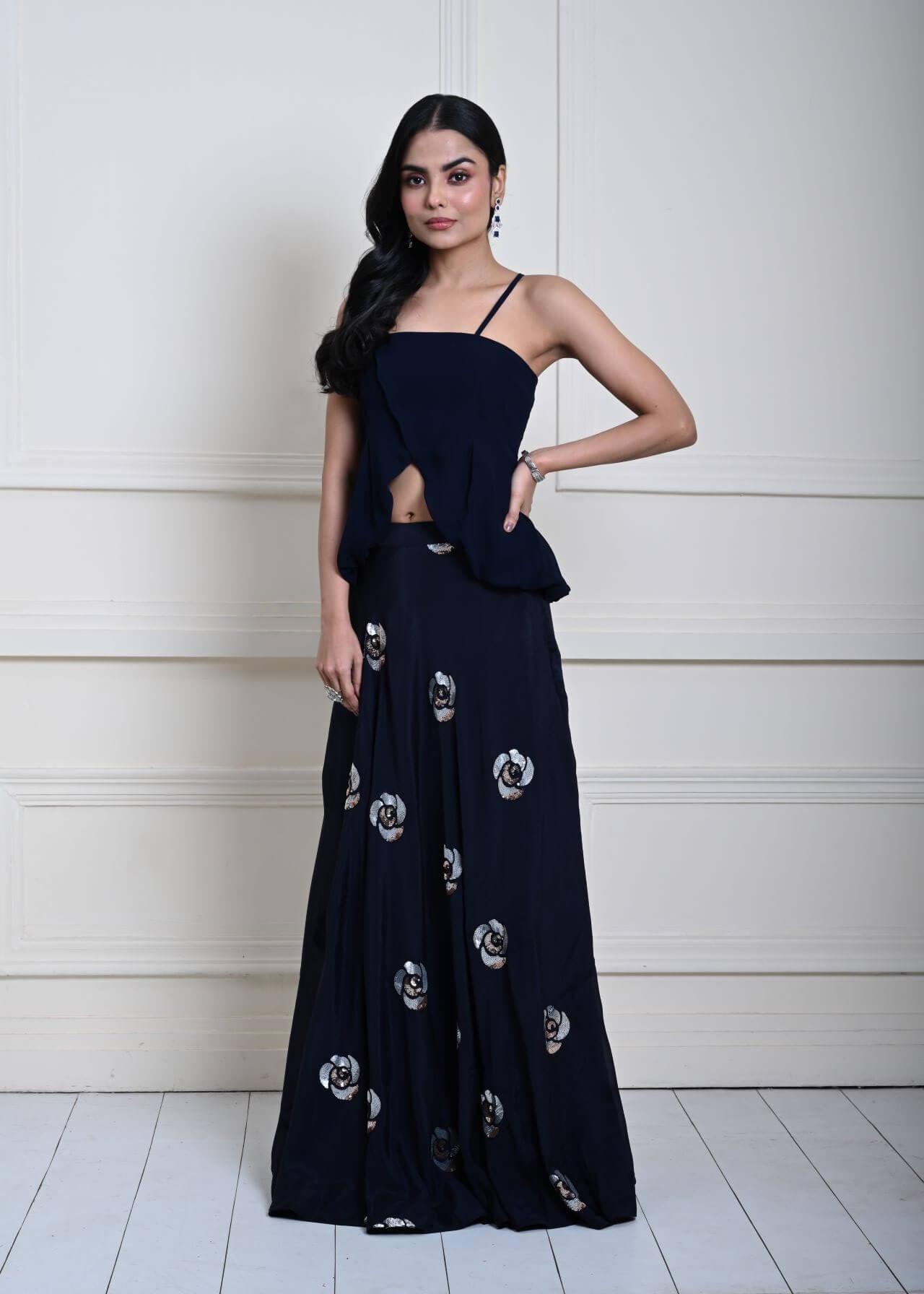 Dark Navy Blue Lehenga Set with Floral Sequin Work 