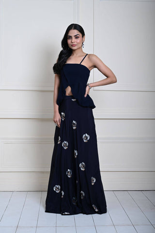 Dark Navy Blue Lehenga Set with Floral Sequin Work