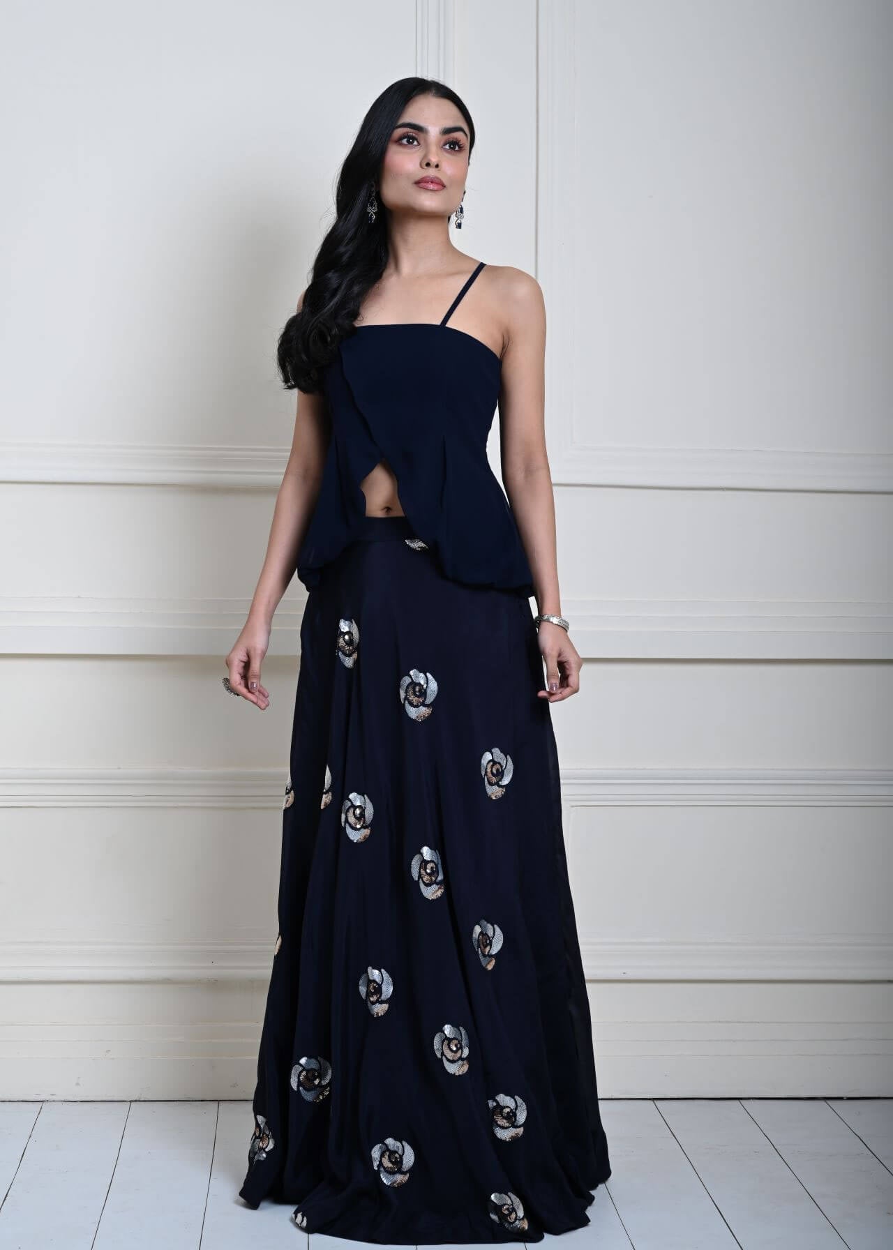 Dark Navy Blue Lehenga Set with Floral Sequin Work 