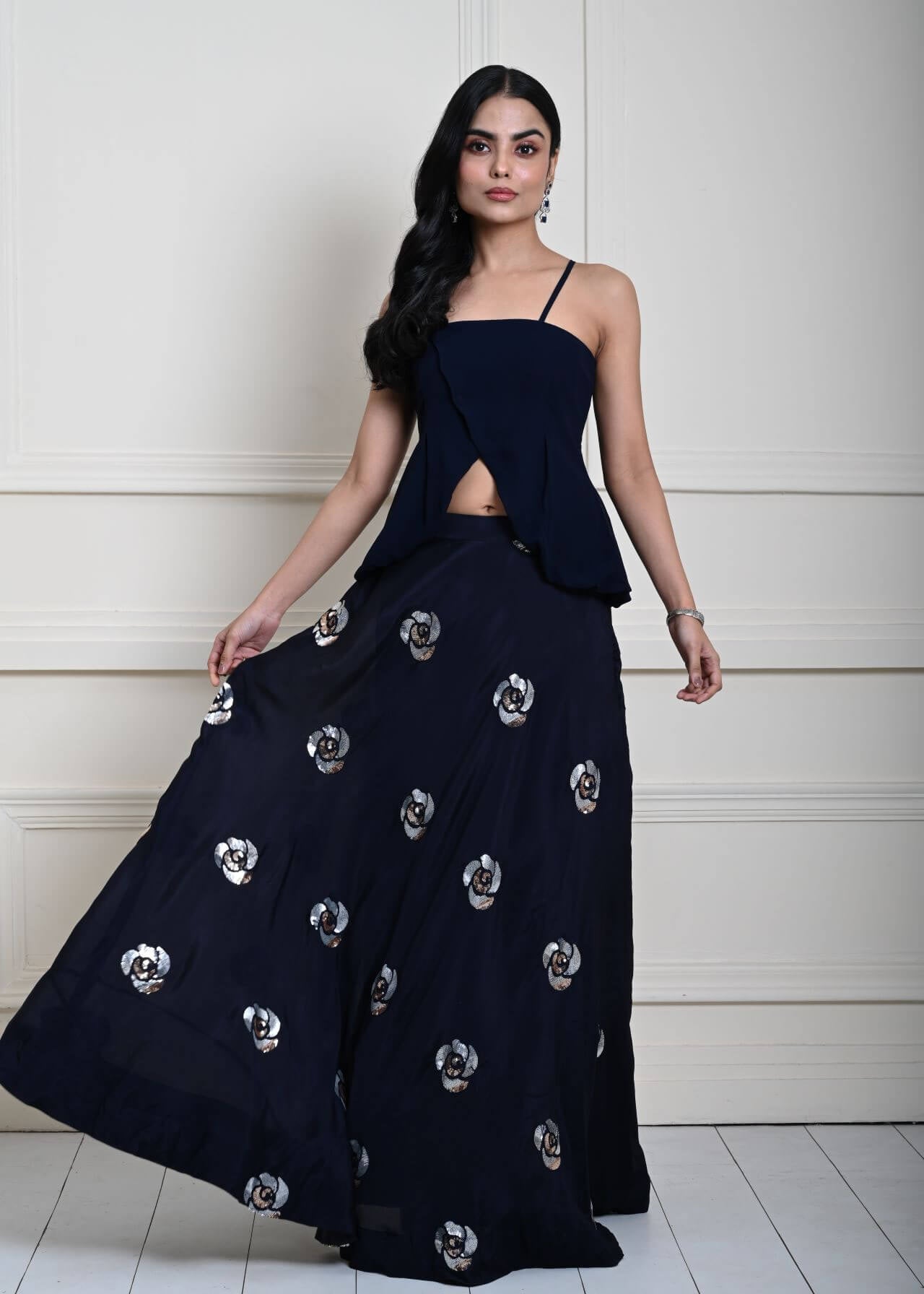 Dark Navy Blue Lehenga Set with Floral Sequin Work 