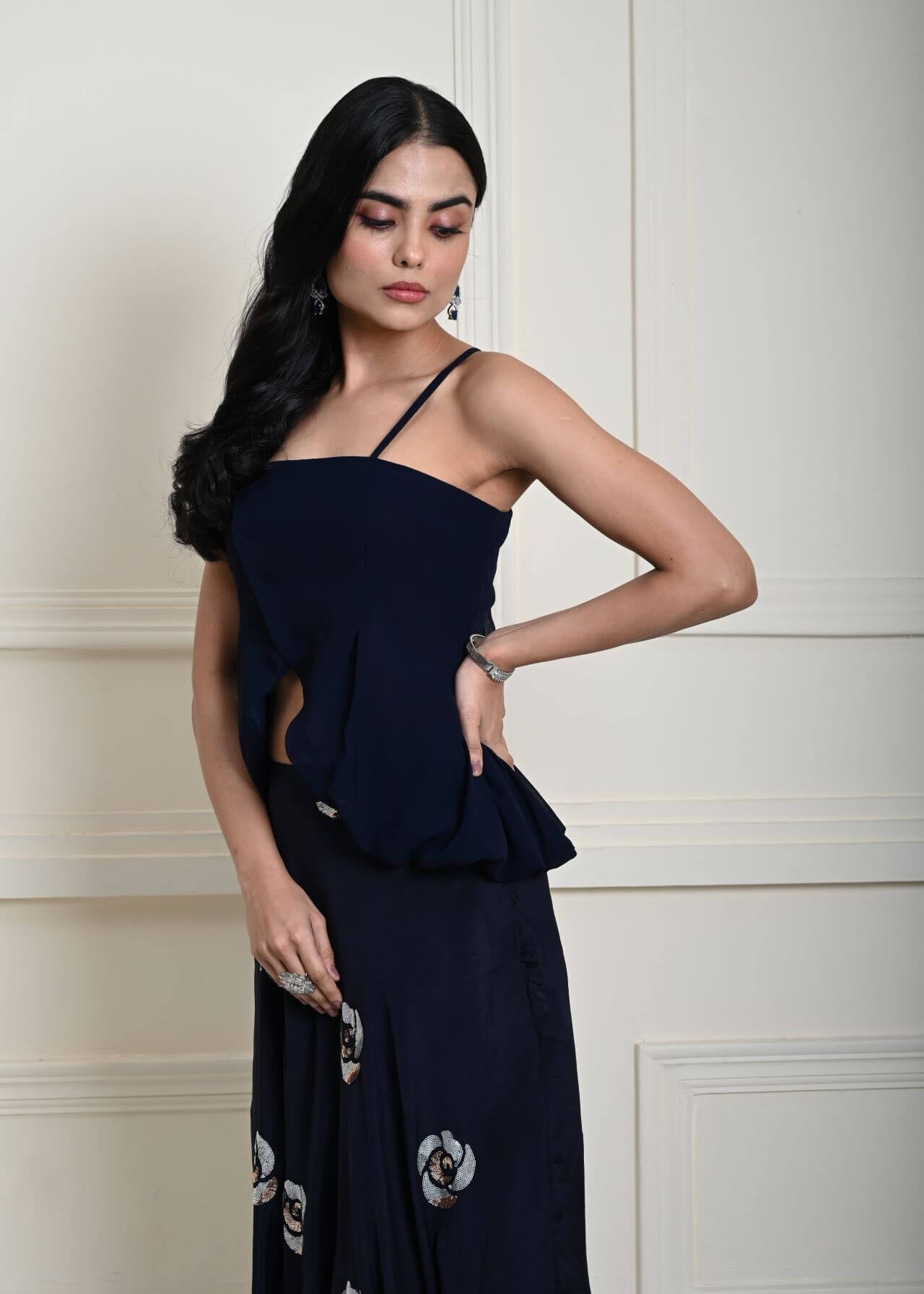 Dark Navy Blue Lehenga Set with Floral Sequin Work 