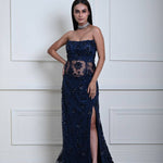 Dark Navy Blue Corset Top and Side-Slit Skirt Set with Jaal Motif and Floral Sequin Work