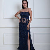 Dark Navy Blue Corset Top and Side-Slit Skirt Set with Jaal Motif and Floral Sequin Work