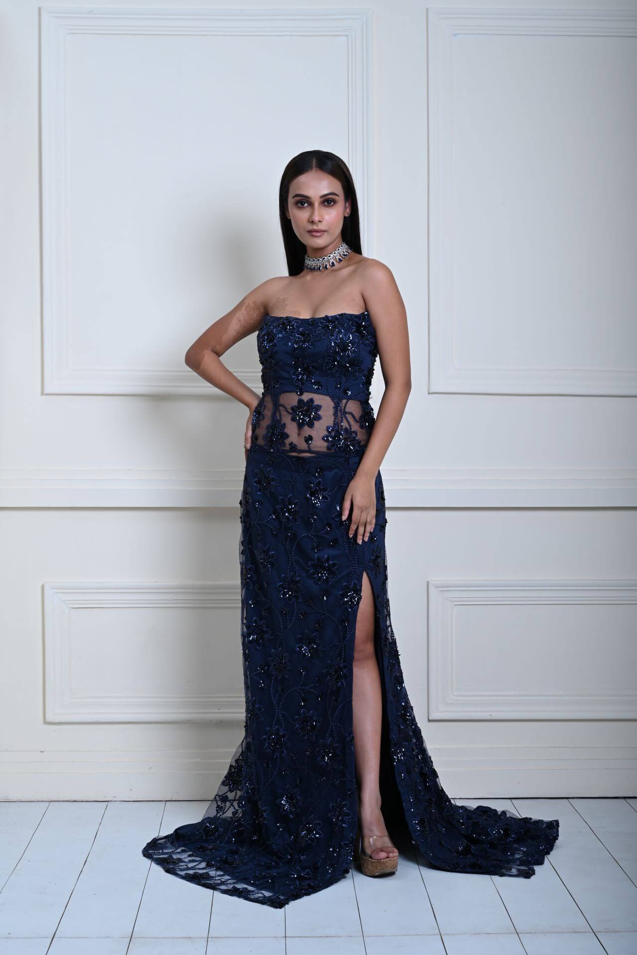 Dark Navy Blue Corset Top and Side-Slit Skirt Set with Jaal Motif and Floral Sequin Work