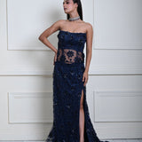 Dark Navy Blue Corset Top and Side-Slit Skirt Set with Jaal Motif and Floral Sequin Work