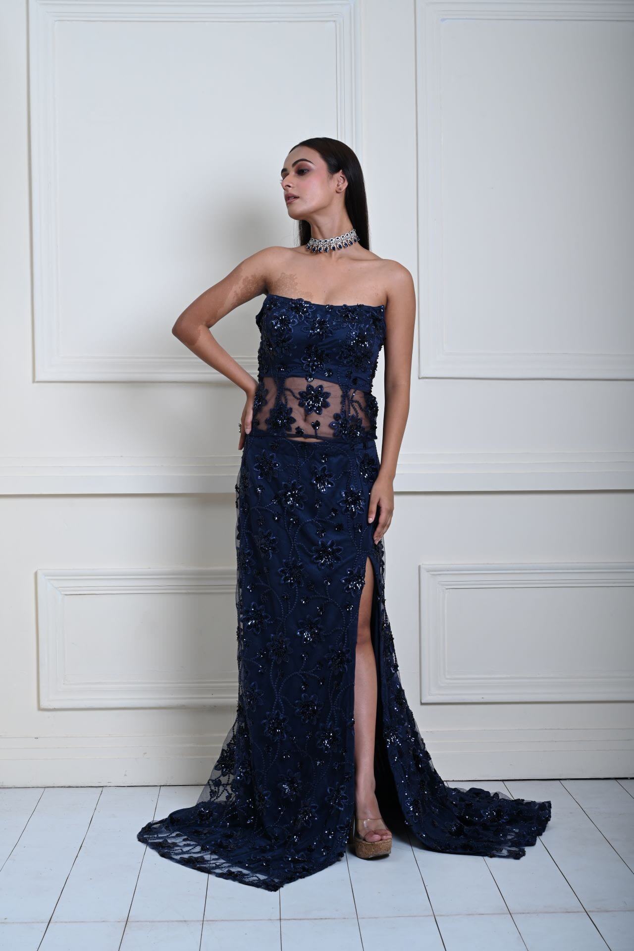 Dark Navy Blue Corset Top and Side-Slit Skirt Set with Jaal Motif and Floral Sequin Work