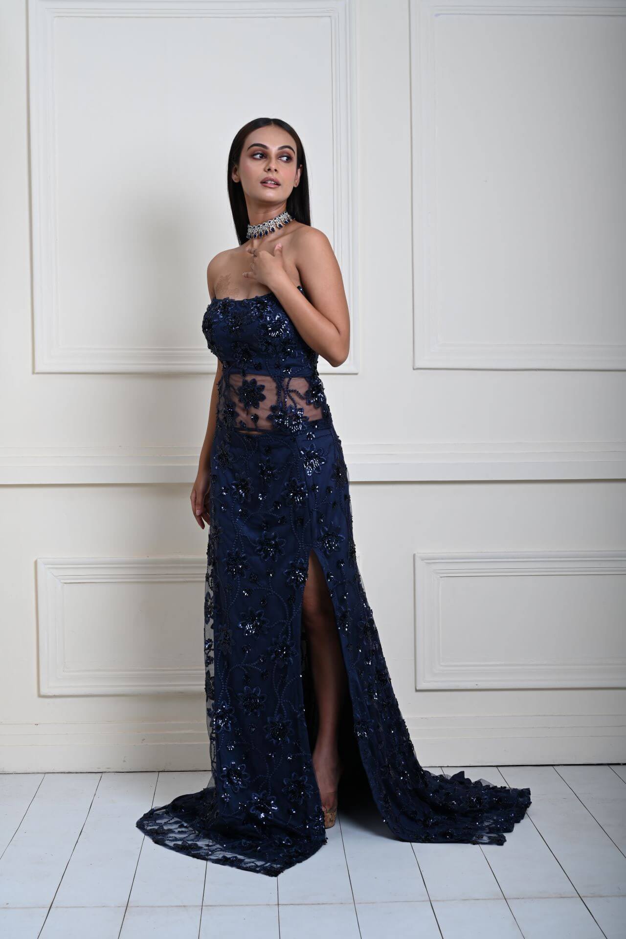 Dark Navy Blue Corset Top and Side-Slit Skirt Set with Jaal Motif