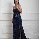 Dark Navy Blue Corset Top and Side-Slit Skirt Set with Jaal Motif and Floral Sequin Work