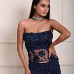 Dark Navy Blue Corset Top and Side-Slit Skirt Set with Jaal Motif and Floral Sequin Work