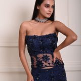 Dark Navy Blue Corset Top and Side-Slit Skirt Set with Jaal Motif and Floral Sequin Work