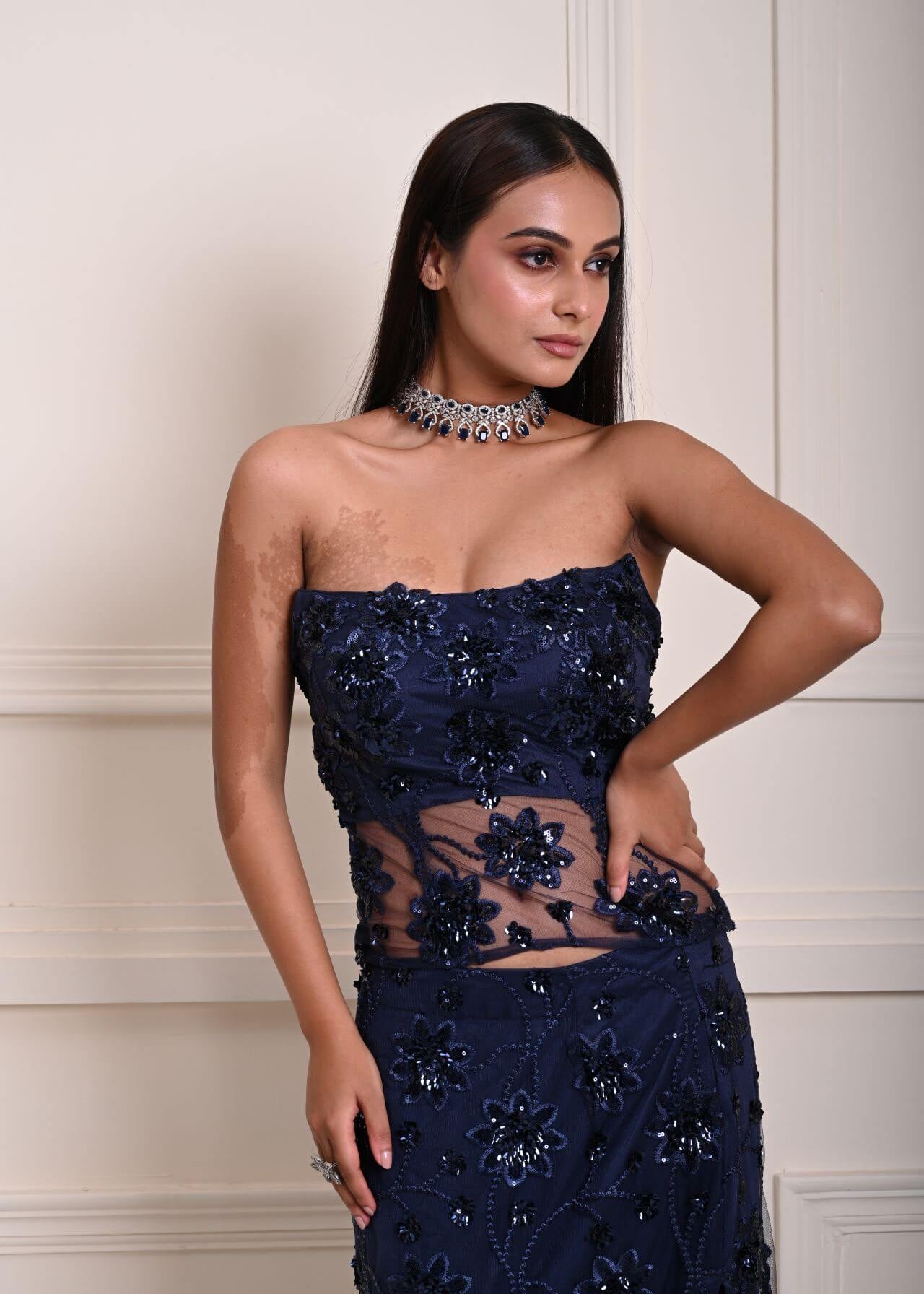 Dark Navy Blue Corset Top and Side-Slit Skirt Set with Jaal Motif and Floral Sequin Work