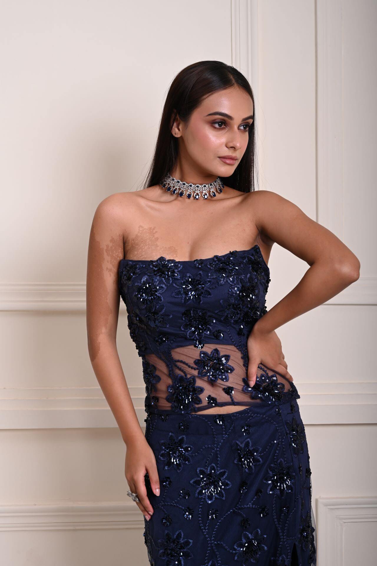 Dark Navy Blue Corset Top and Side-Slit Skirt Set with Jaal Motif and Floral Sequin Work