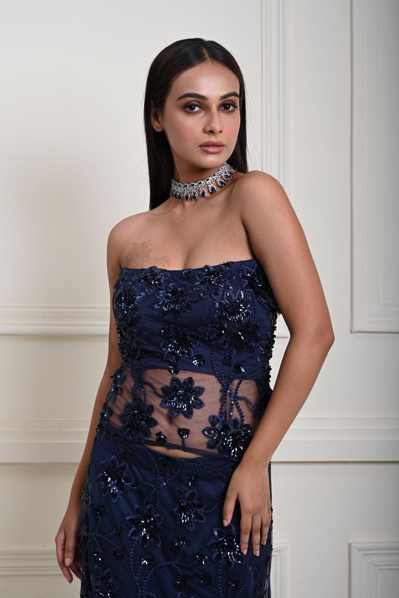 Dark Navy Blue Corset Top and Side-Slit Skirt Set with Jaal Motif and Floral Sequin Work