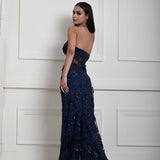 Dark Navy Blue Corset Top and Side-Slit Skirt Set with Jaal Motif and Floral Sequin Work