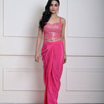 Bright Pink Draped Skirt Set with Gold Striped Sequin Corset Top