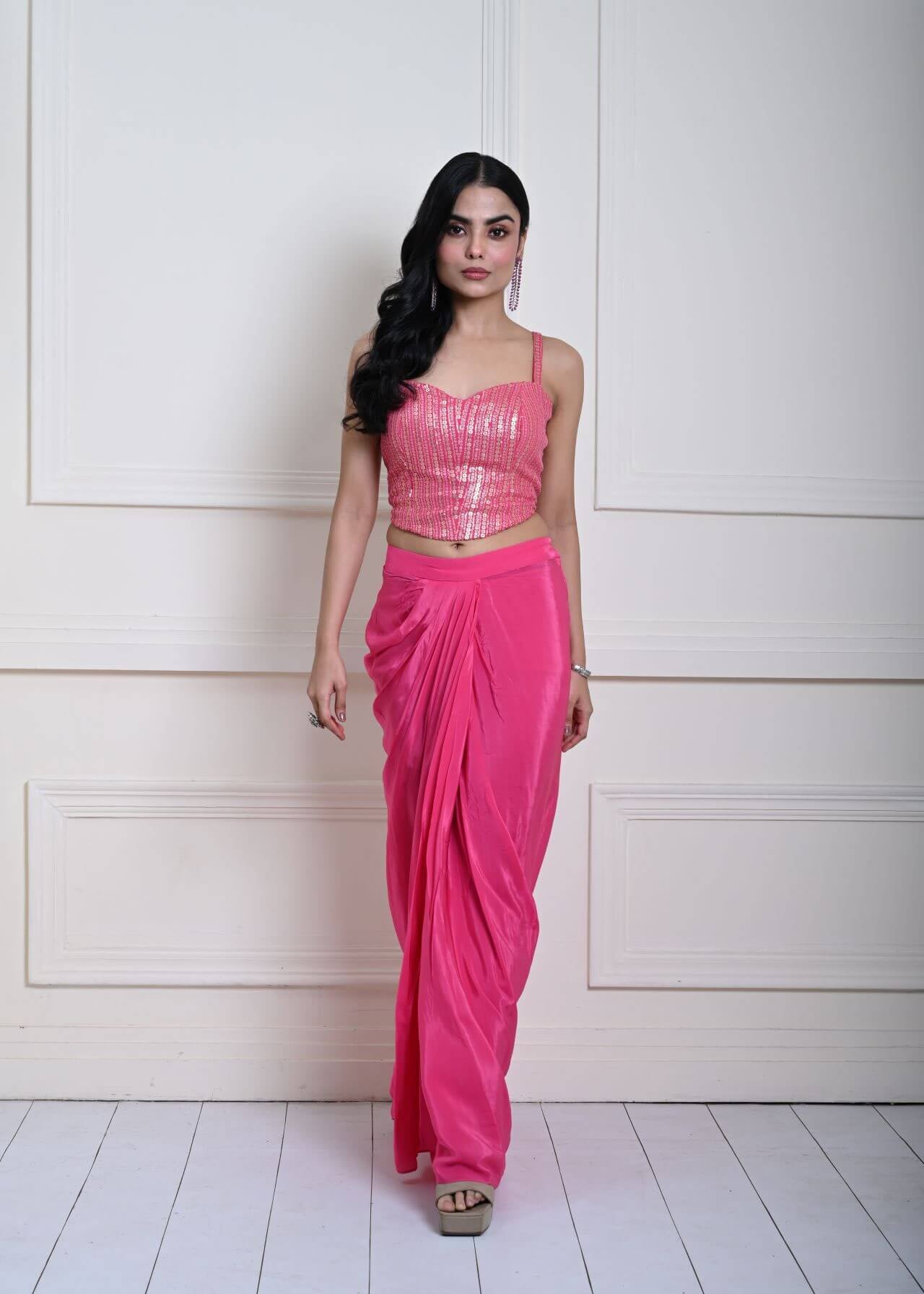 Bright Pink Draped Skirt Set with Gold Striped Sequin Corset Top