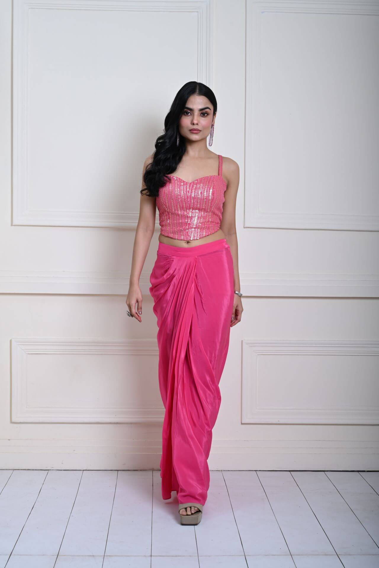 Bright Pink Draped Skirt Set with Gold Striped Sequin Corset Top