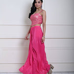 Bright Pink Draped Skirt Set with Gold Striped Sequin Corset Top