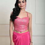 Bright Pink Draped Skirt Set with Gold Striped Sequin Corset Top