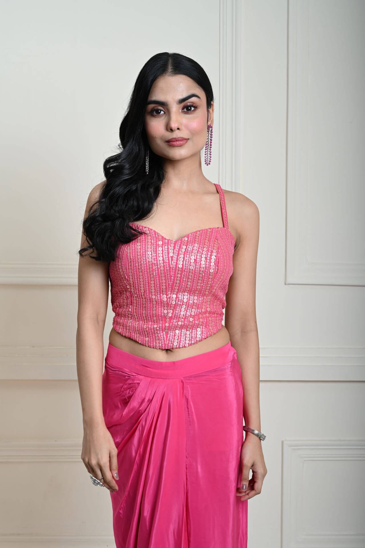 Bright Pink Draped Skirt Set with Gold Striped Sequin Corset Top