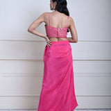 Bright Pink Draped Skirt Set with Gold Striped Sequin Corset Top