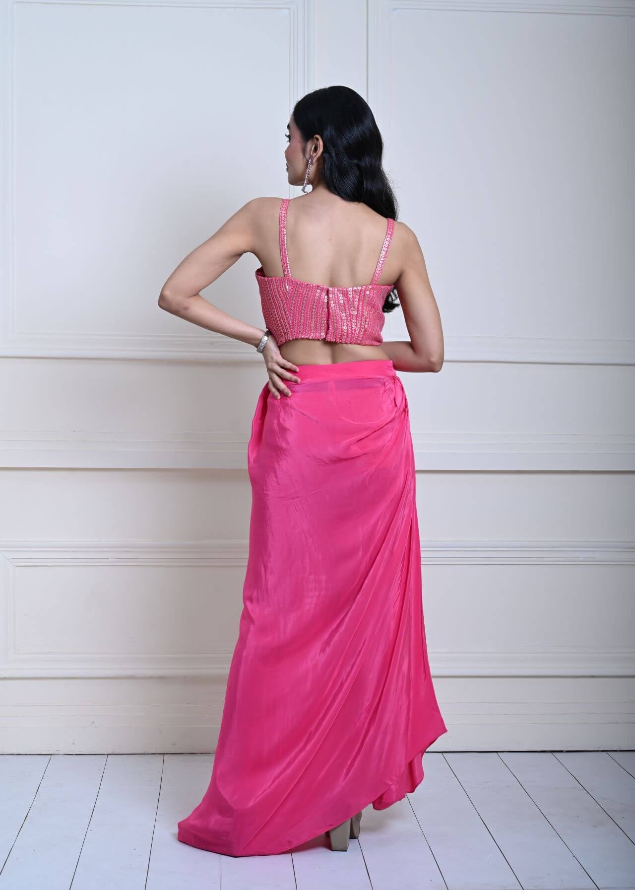 Bright Pink Draped Skirt Set with Gold Striped Sequin Corset Top