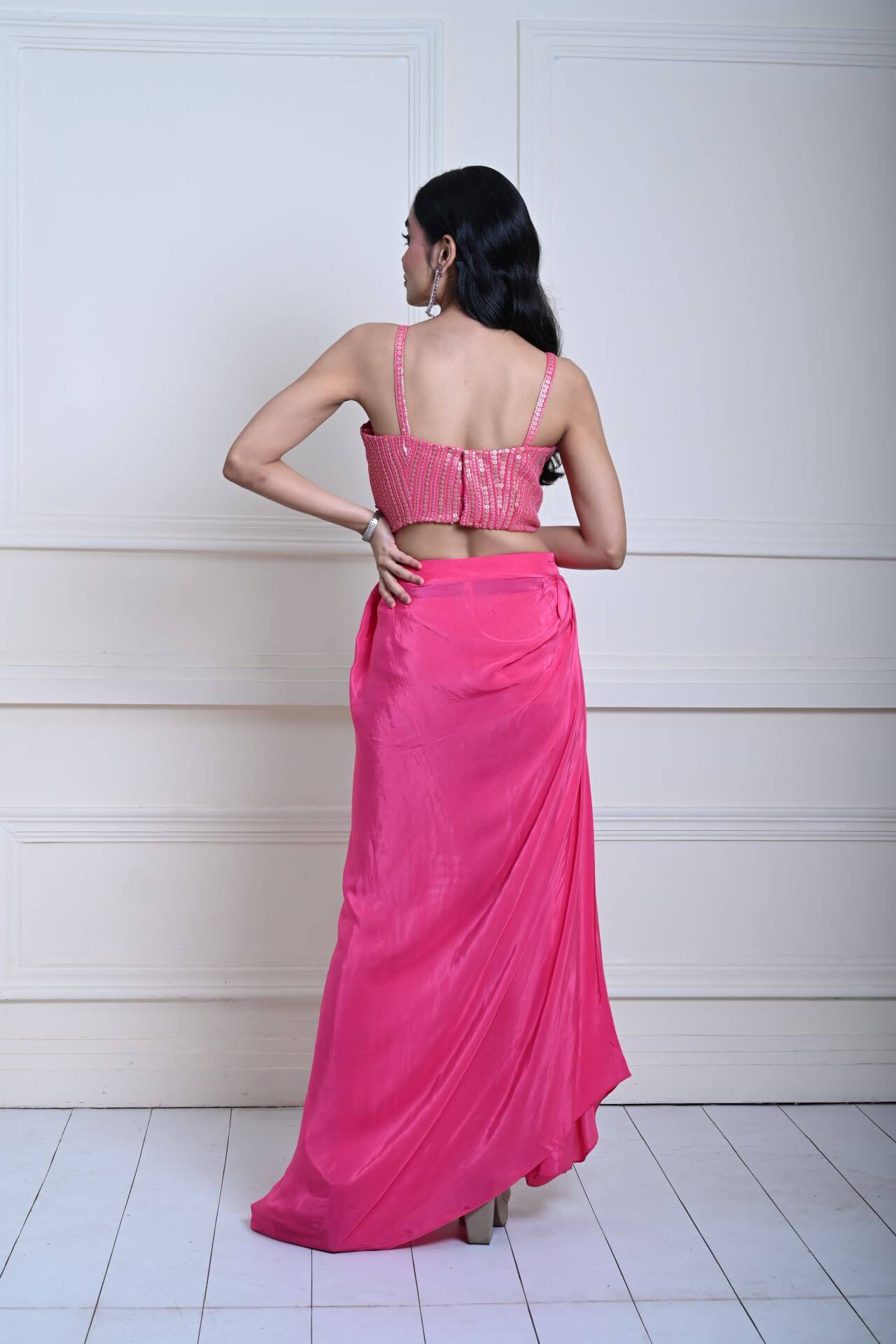 Bright Pink Draped Skirt Set with Gold Striped Sequin Corset Top