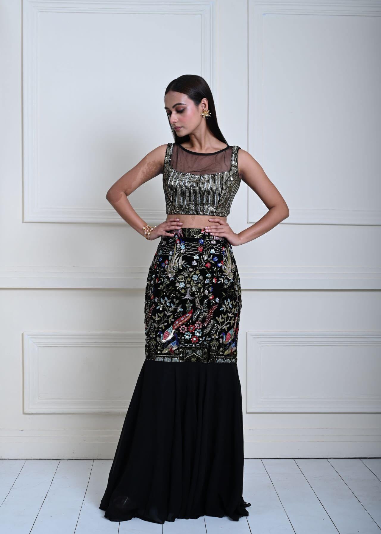 Black Fishtail Lehenga Set with Multicolor Embroidery Work