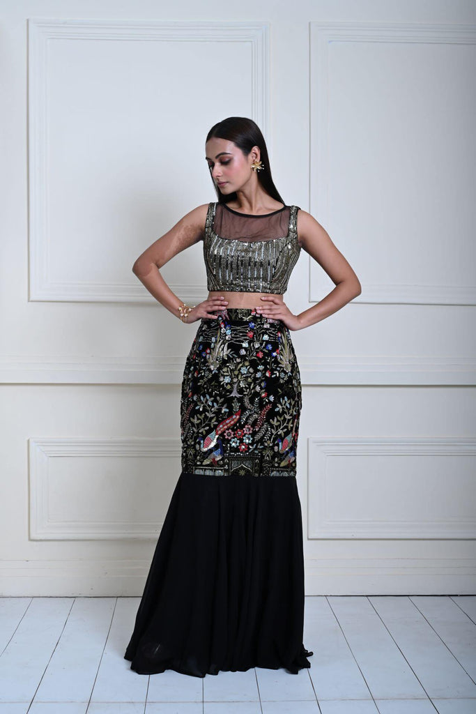Black Fishtail Lehenga Set with Multicolor Embroidery Work