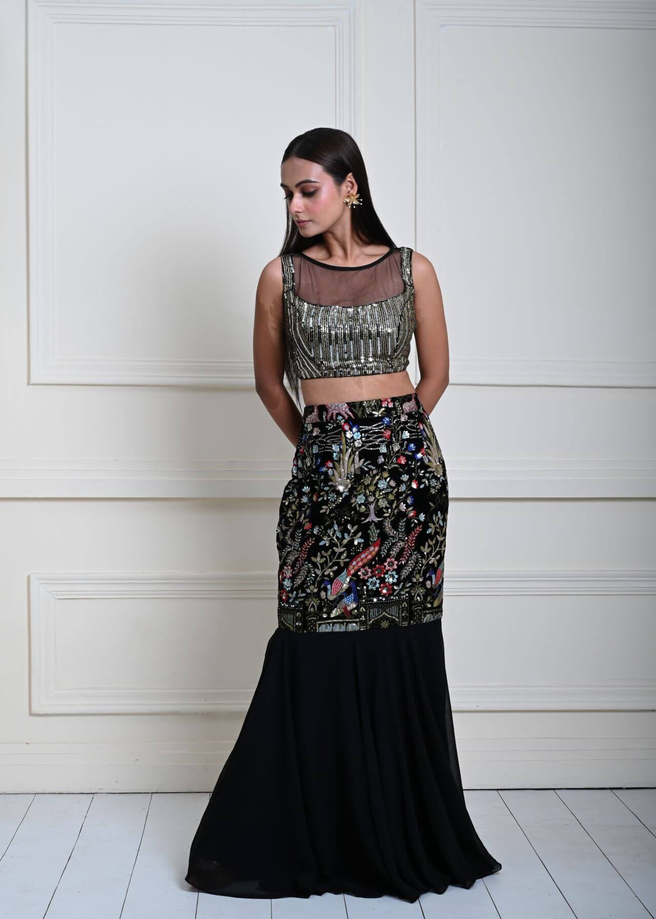 Black Fishtail Lehenga Set with Multicolor Embroidery Work