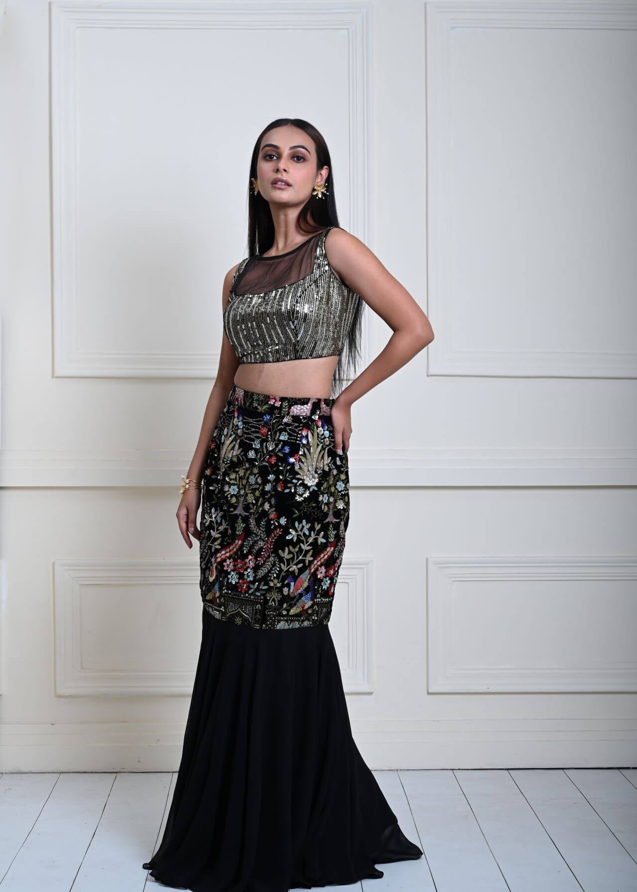 Black Fishtail Lehenga Set with Multicolor Embroidery Work