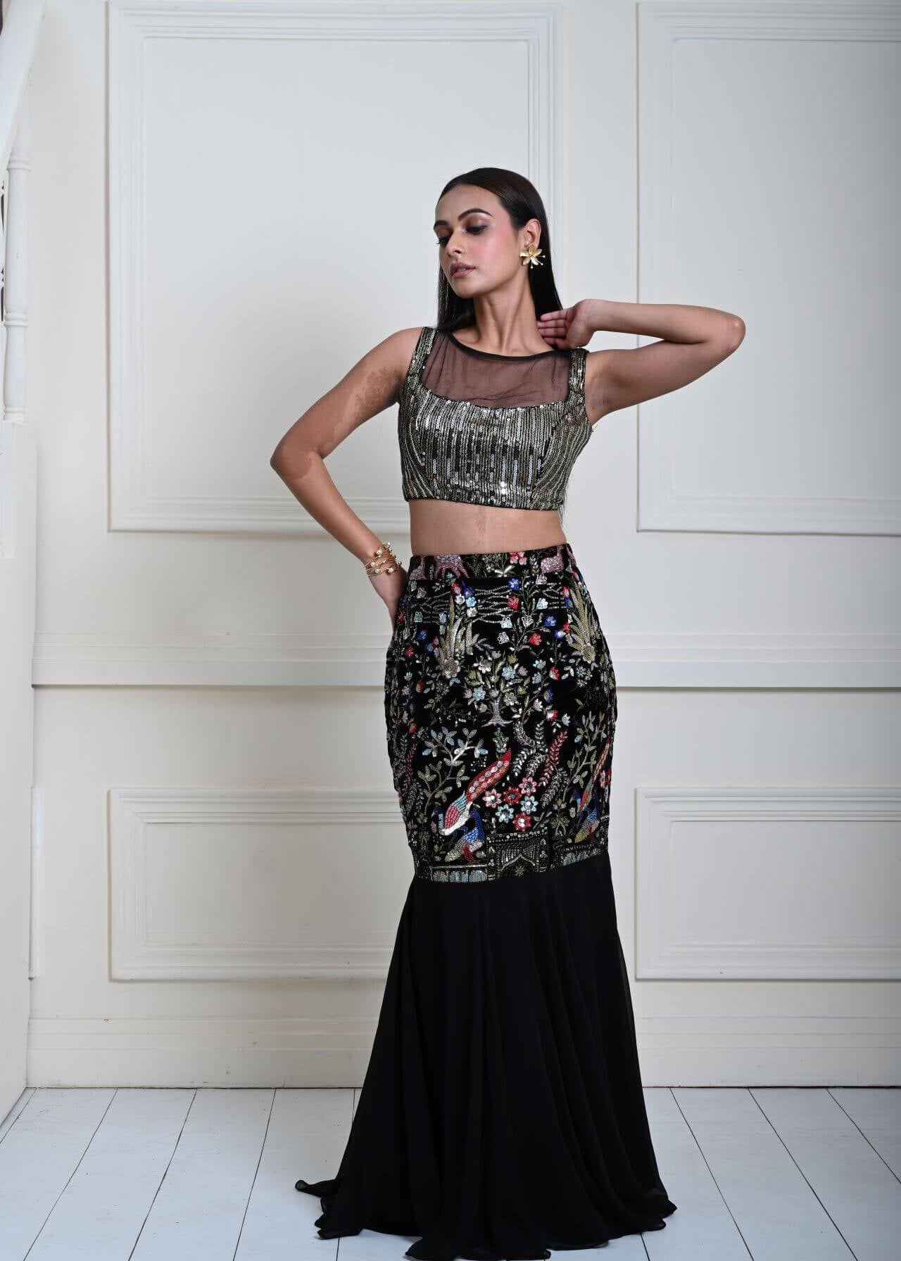 Black Fishtail Lehenga Set with Multicolor Embroidery Work