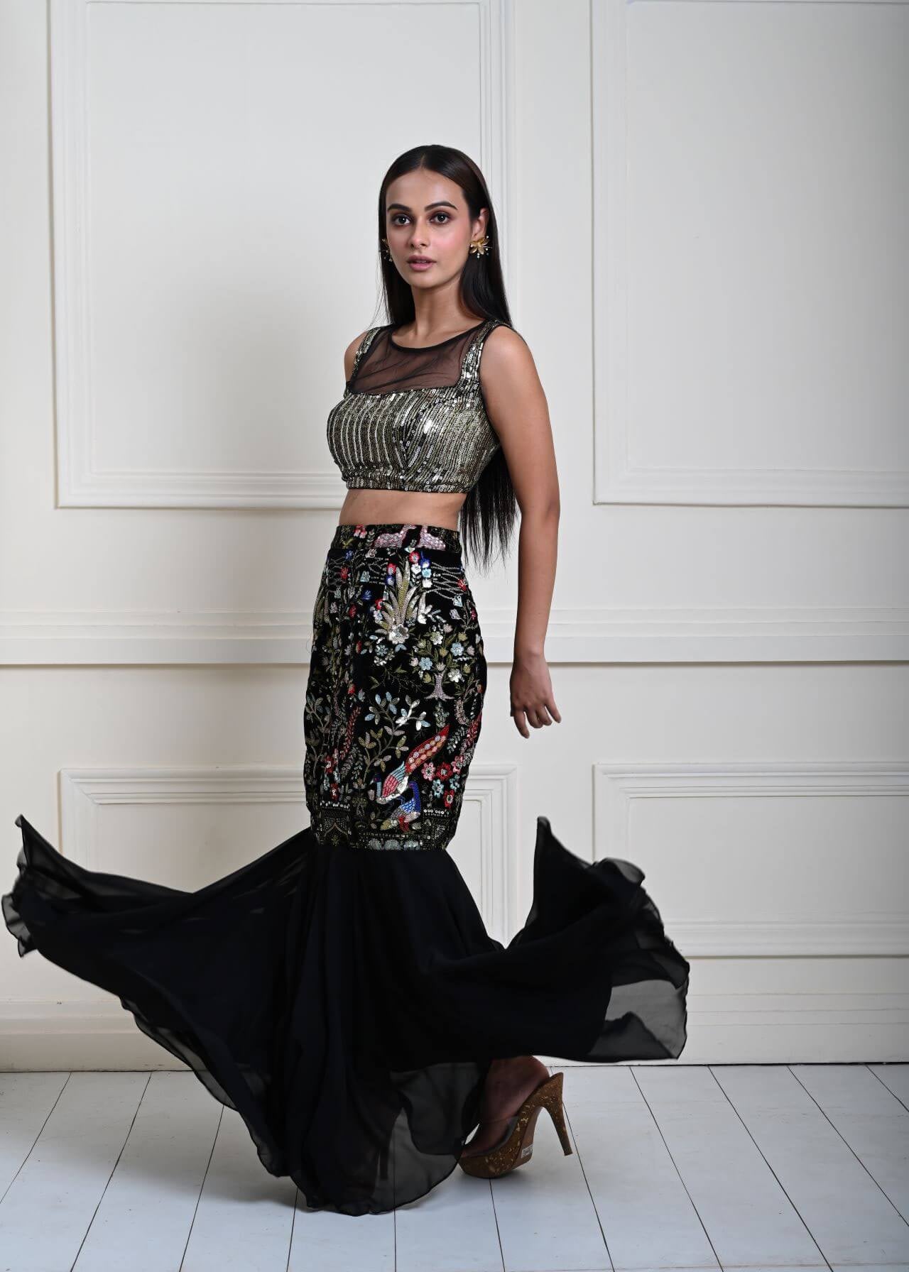 Black Fishtail Lehenga Set with Multicolor Embroidery Work