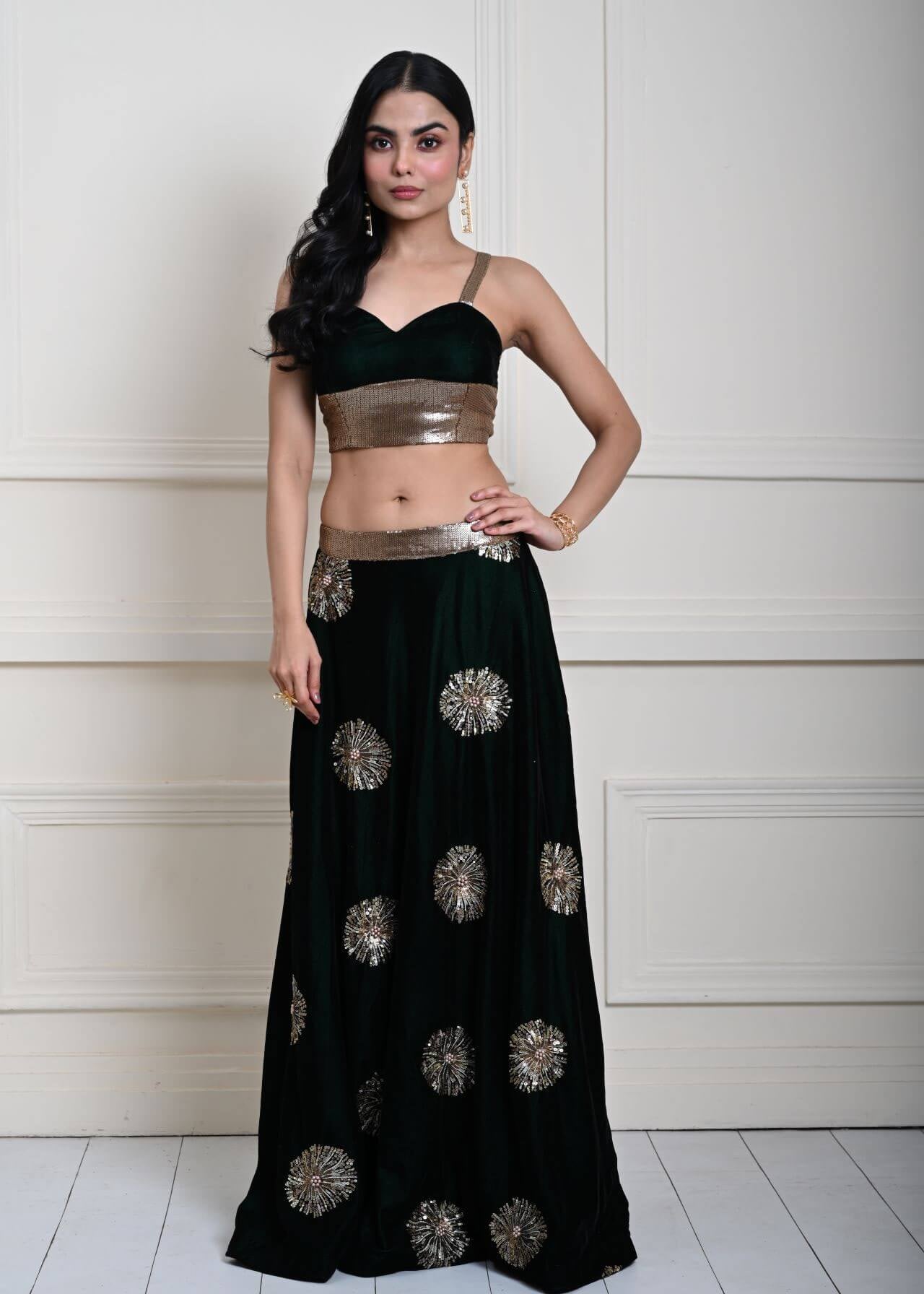 Bottle Green Velvet Lehenga Set With Gold Sequin Work