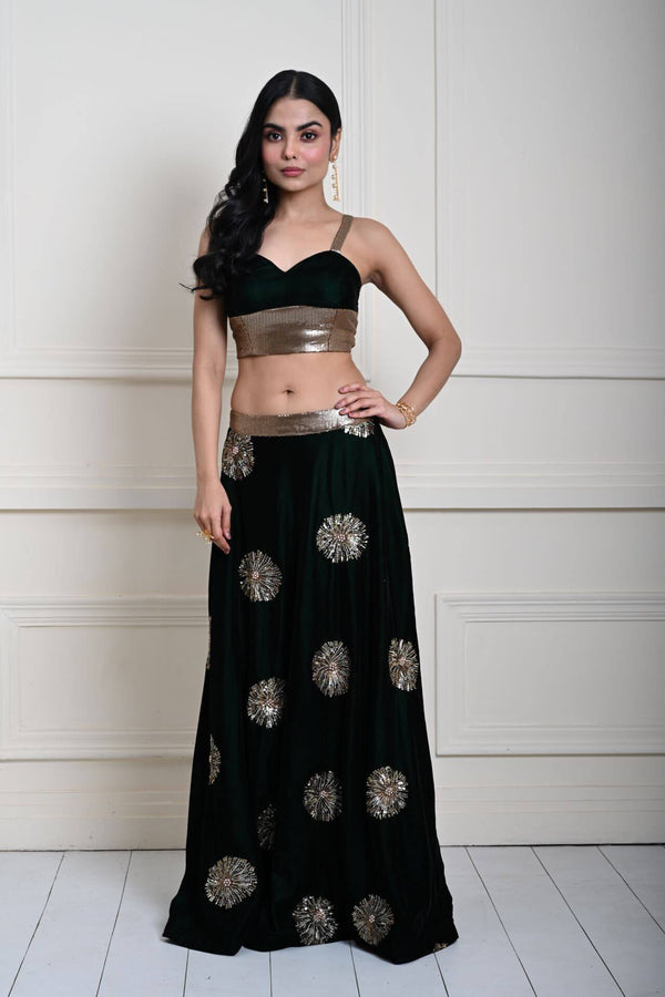 Bottle Green Velvet Lehenga Set With Gold Sequin Work
