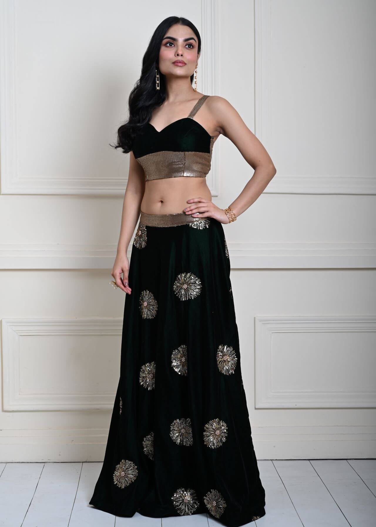 Bottle Green Velvet Lehenga Set With Gold Sequin Work