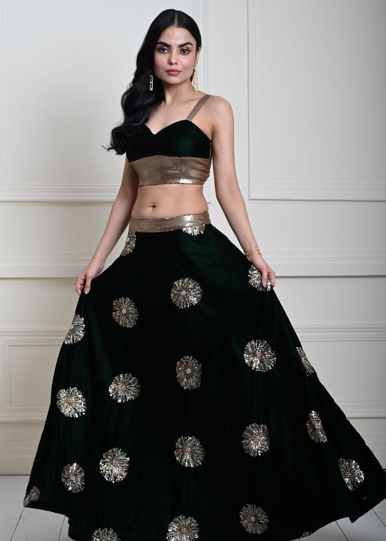 Bottle Green Velvet Lehenga Set With Gold Sequin Work