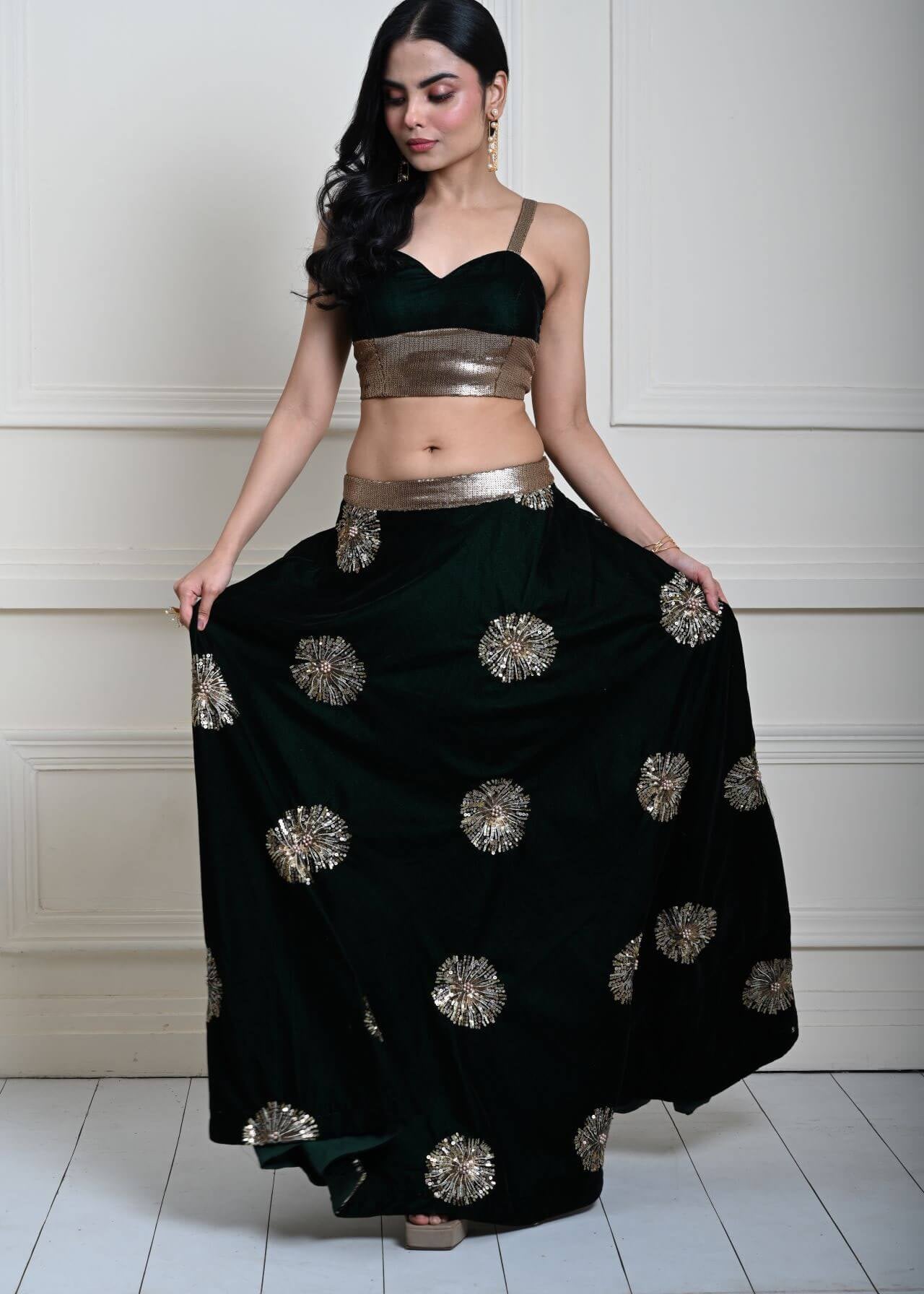 Bottle Green Velvet Lehenga Set With Gold Sequin Work