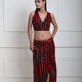 Red and Black Striped Sequin Crop Top Set with Matching Side-Slit Skirt