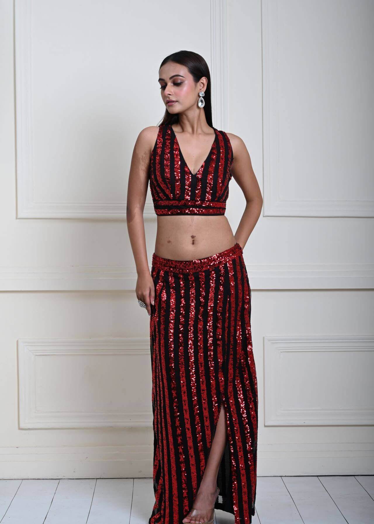 Red and Black Striped Sequin Crop Top Set with Matching Side-Slit Skirt