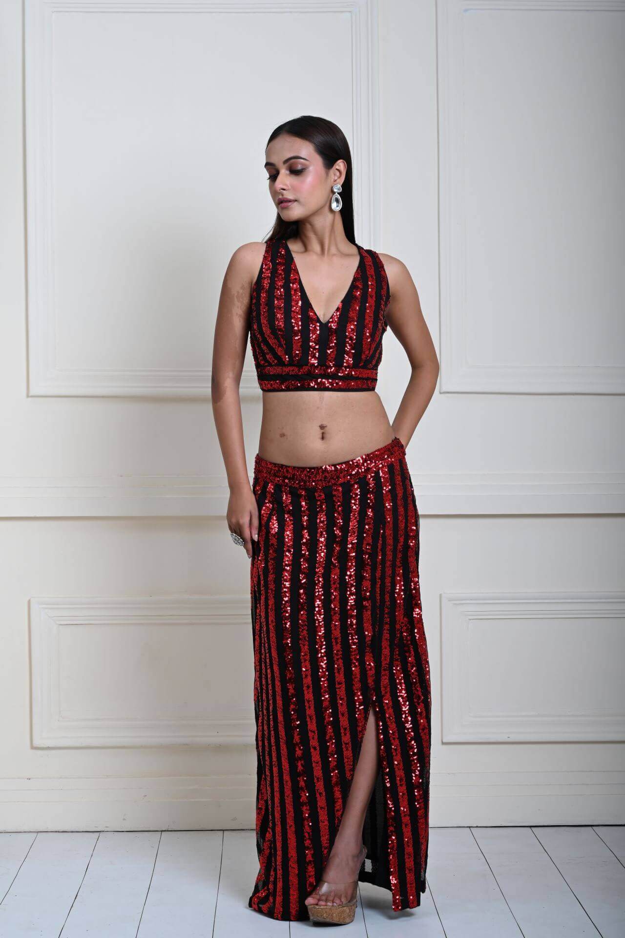 Red and Black Striped Sequin Crop Top Set with Matching Side-Slit Skirt