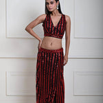 Red and Black Striped Sequin Crop Top Set with Matching Side-Slit Skirt