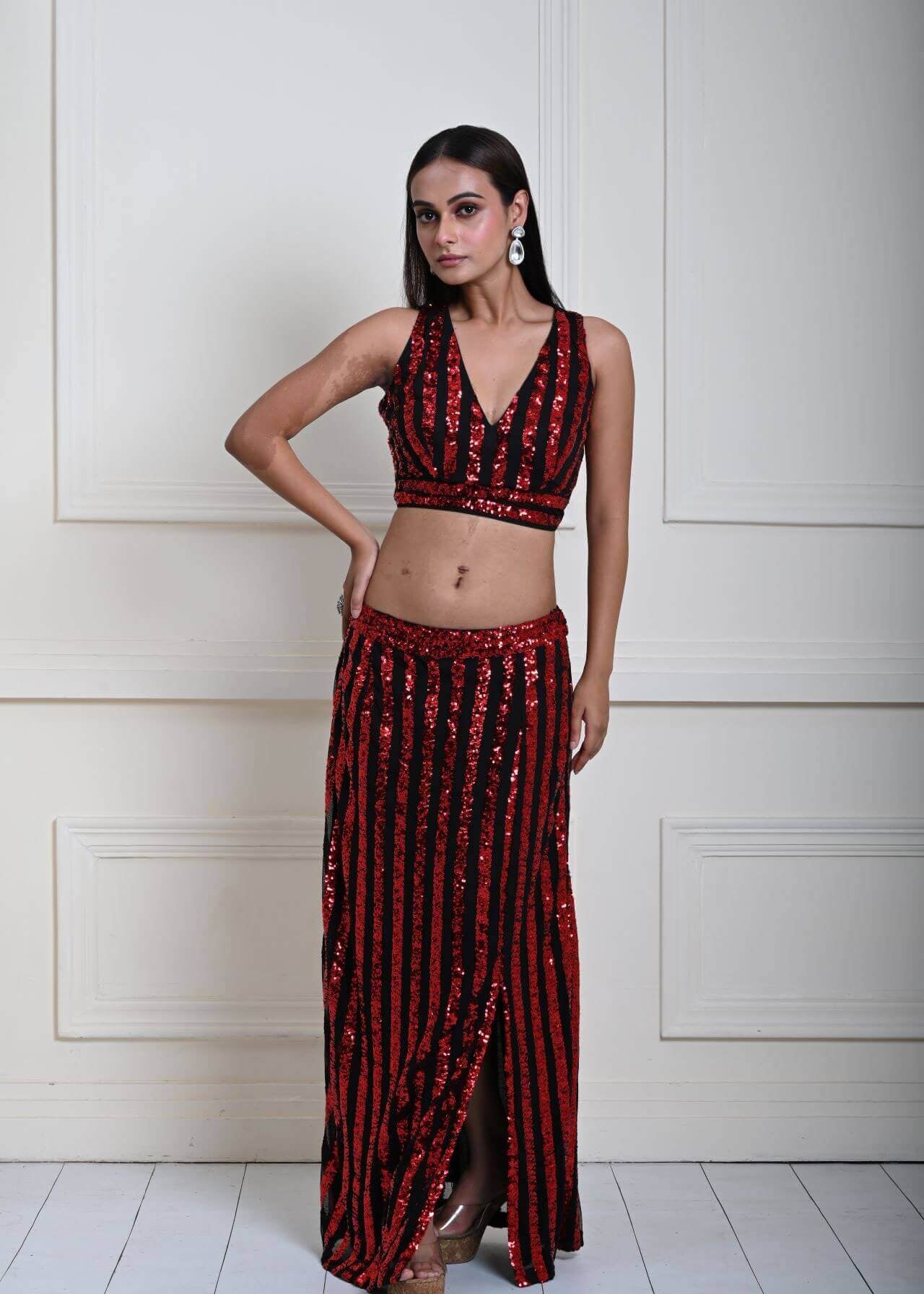 Red and Black Striped Sequin Crop Top Set with Matching Side-Slit Skirt