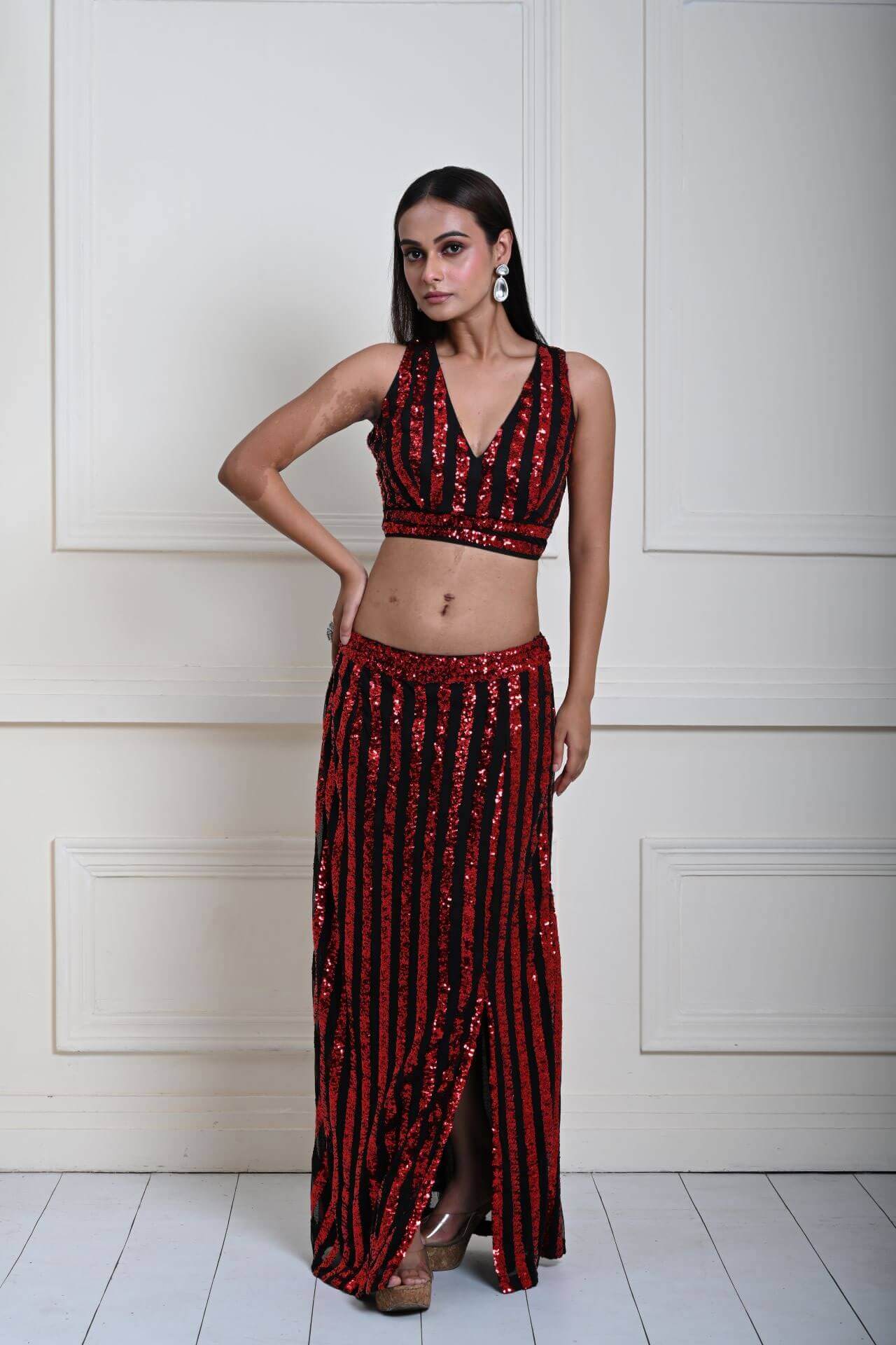 Red and Black Striped Sequin Crop Top Set with Matching Side-Slit Skirt