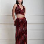 Red and Black Striped Sequin Crop Top Set with Matching Side-Slit Skirt